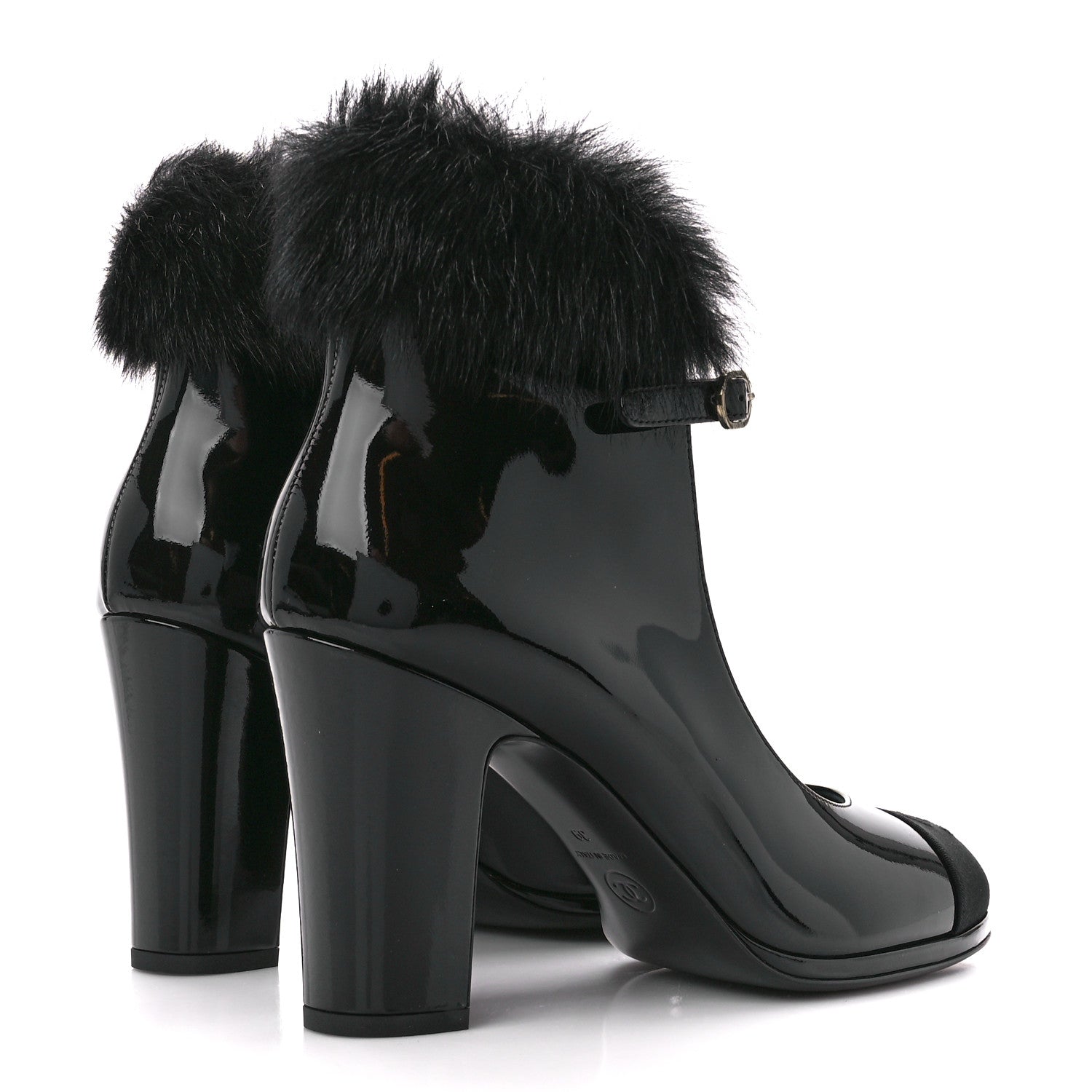 Chanel Patent Shearling Lambskin Cap Toe Mary Jane Pumps 39 Black 4 of 9