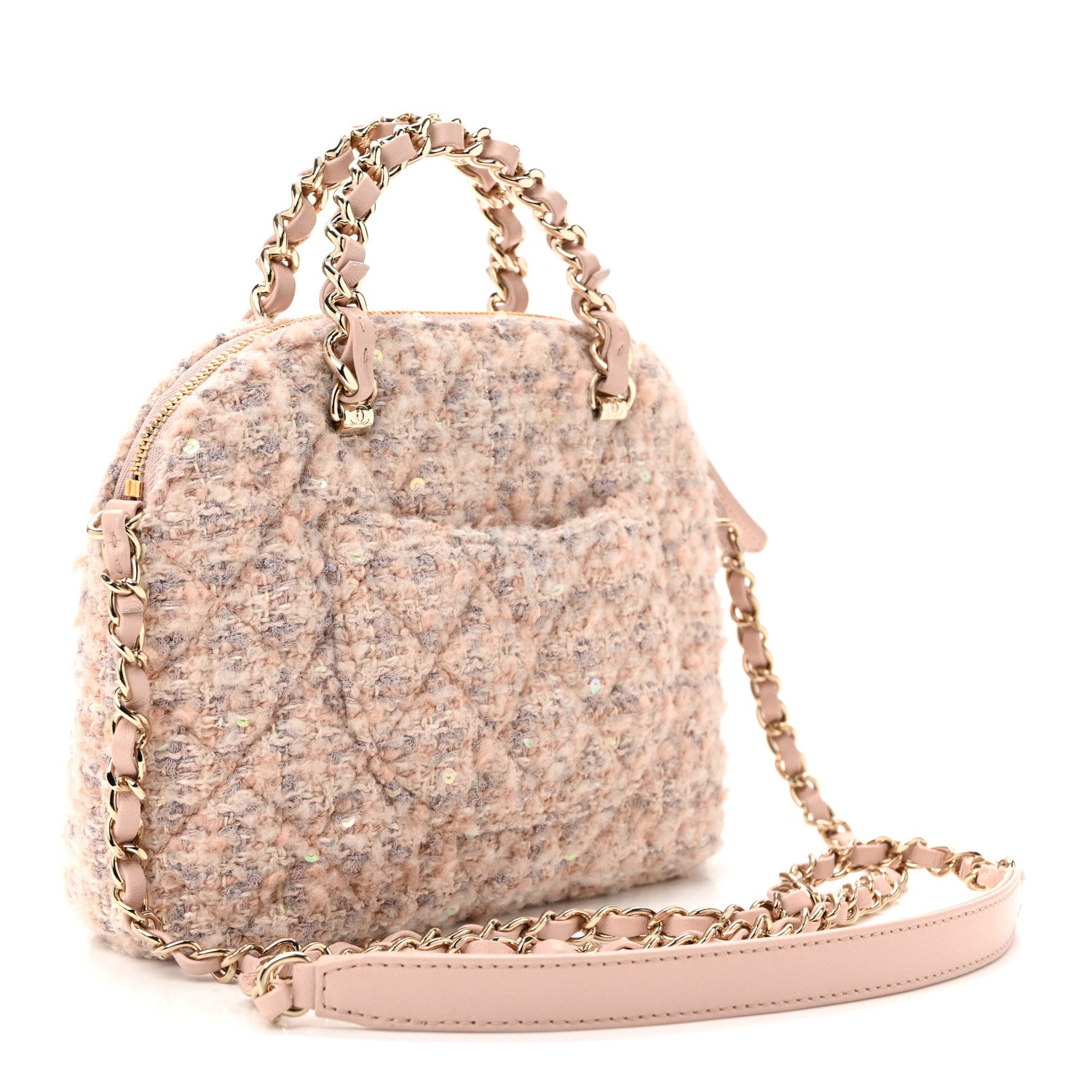 Chanel Cotton Wool Tweed Sequin Quilted Shiny Coco Clutch With Chain Light Pink Beige Ecru 3 of 10