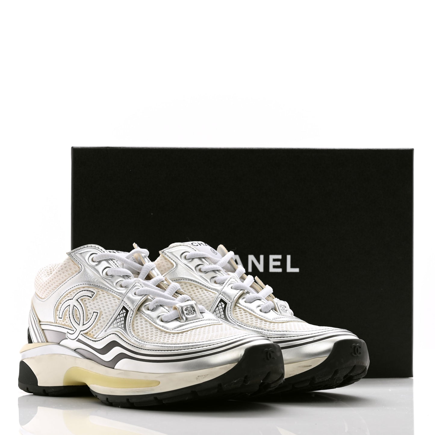 Fabric Laminated Calfskin Stretch CC Sneakers 38 White Silver