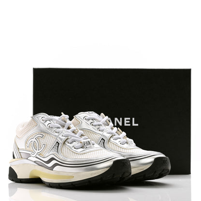 Chanel Fabric Laminated Calfskin Stretch CC Sneakers 38 White Silver 11 of 11