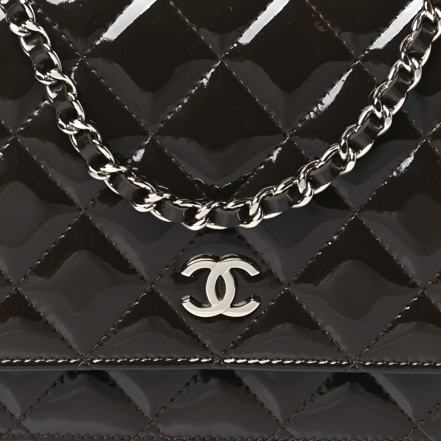 Patent Quilted Wallet On Chain WOC Dark Brown