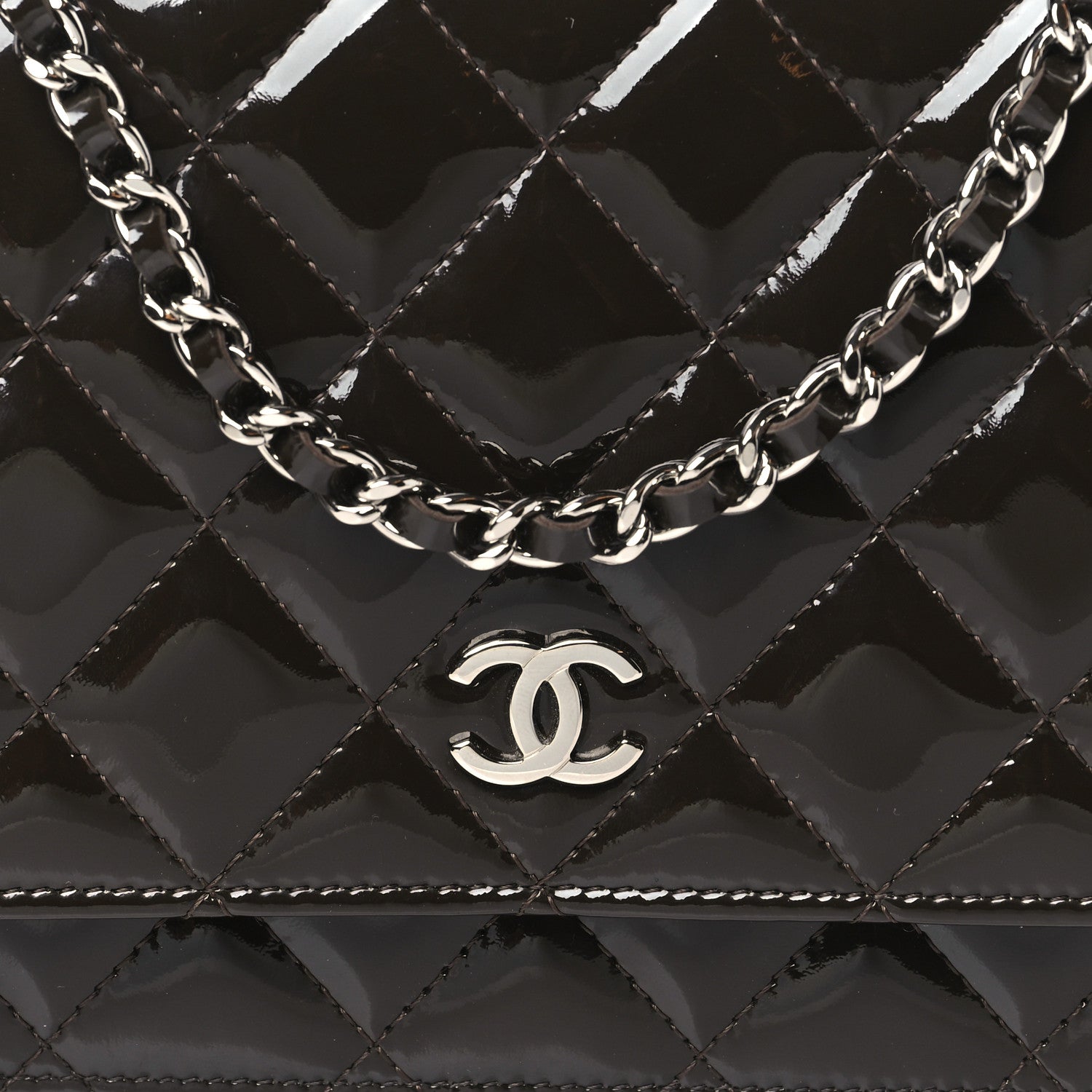 Chanel Patent Quilted Wallet On Chain WOC Dark Brown 9 of 12