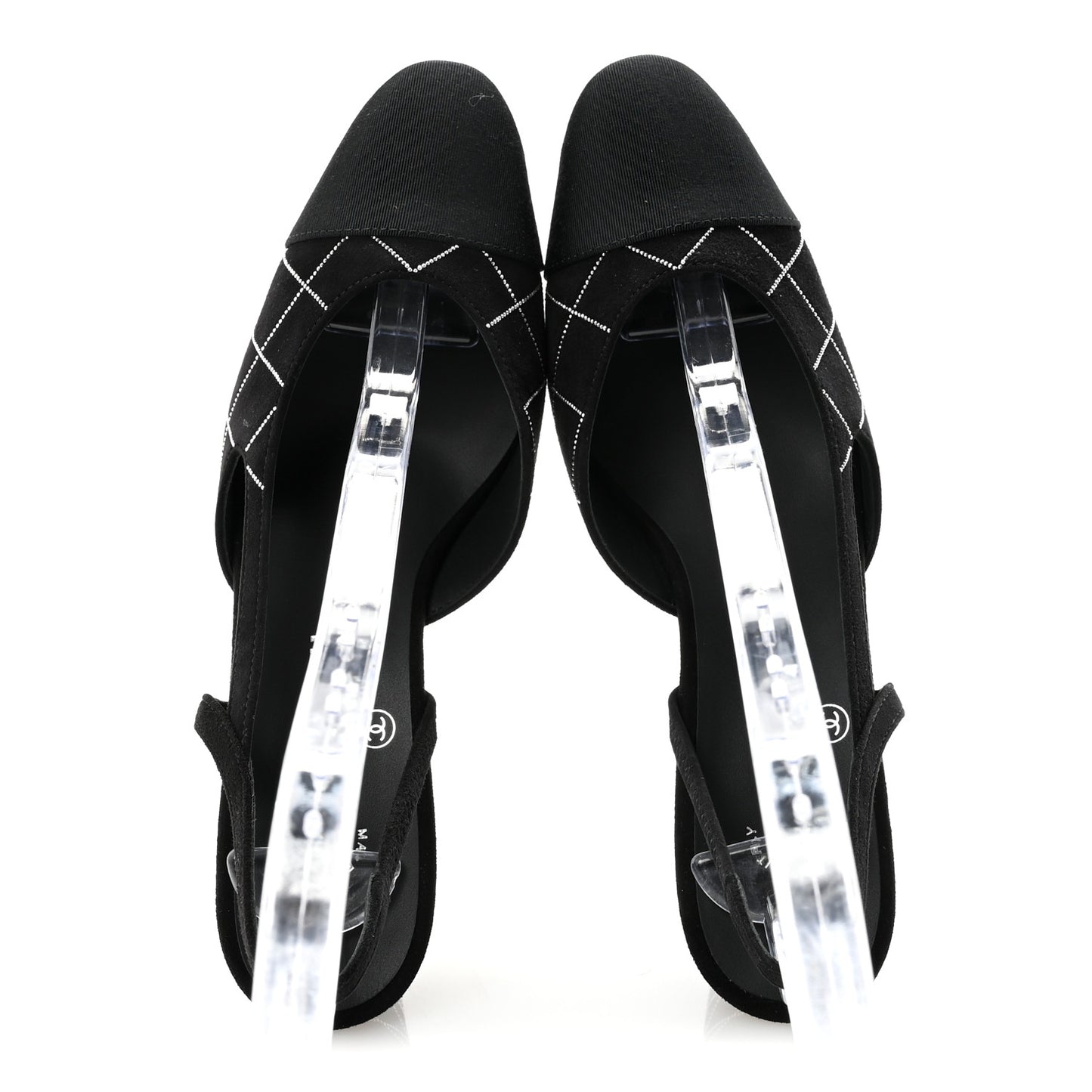 Suede Grosgrain Studded Cap Toe CC Slingback Pumps 36 Black Silver