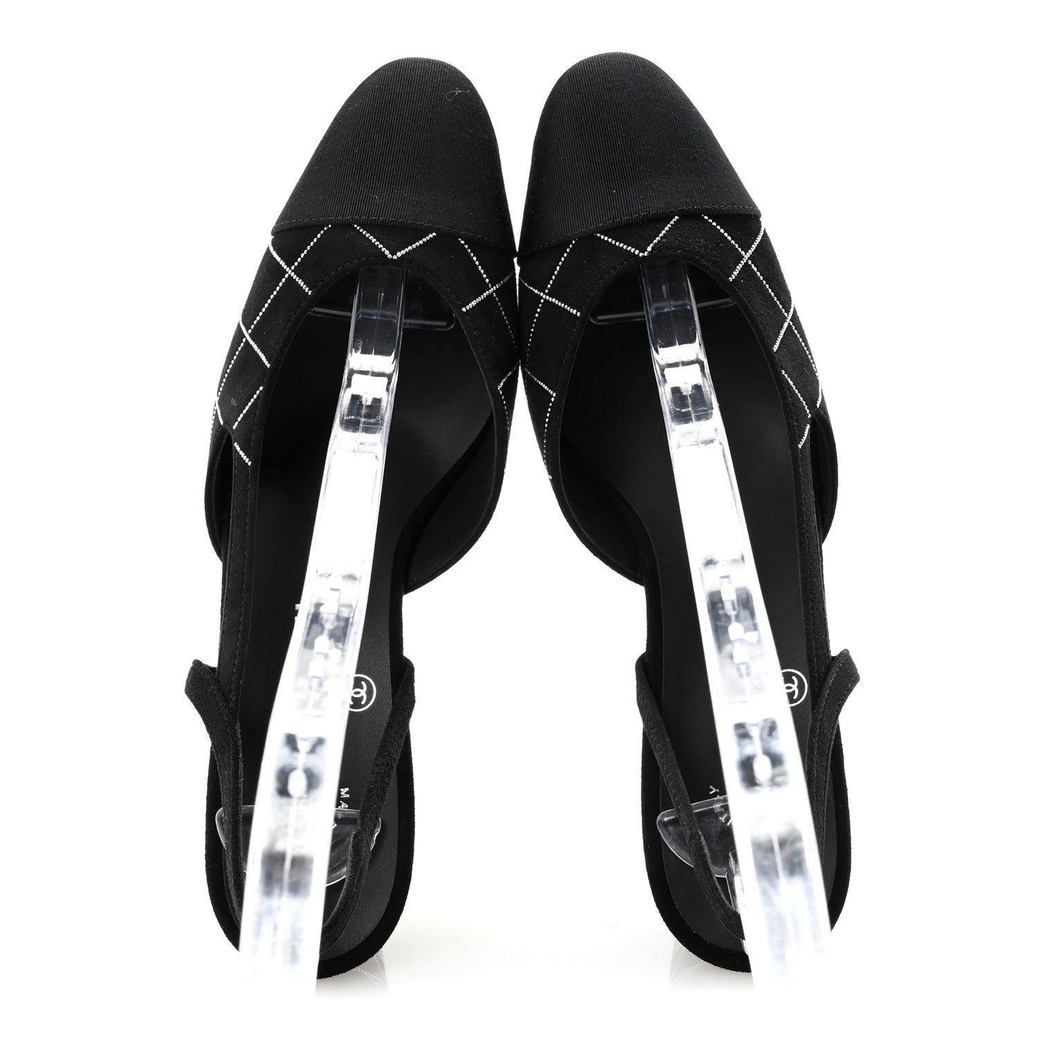 Chanel Suede Grosgrain Studded Cap Toe CC Slingback Pumps 36 Black Silver 2 of 10
