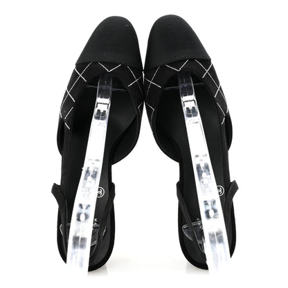Chanel Suede Grosgrain Studded Cap Toe CC Slingback Pumps 36 Black Silver 2 of 10