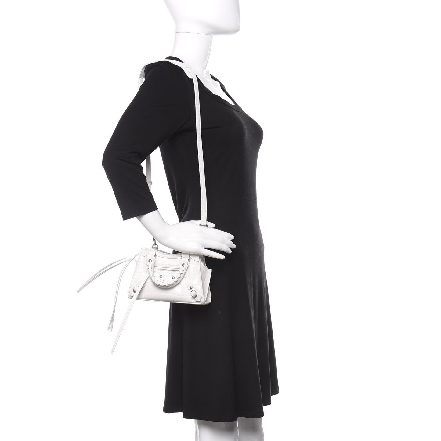 Semi Shiny Calfskin Crocodile Embossed Neo Classic Silver Hardware Nano City Crossbody White