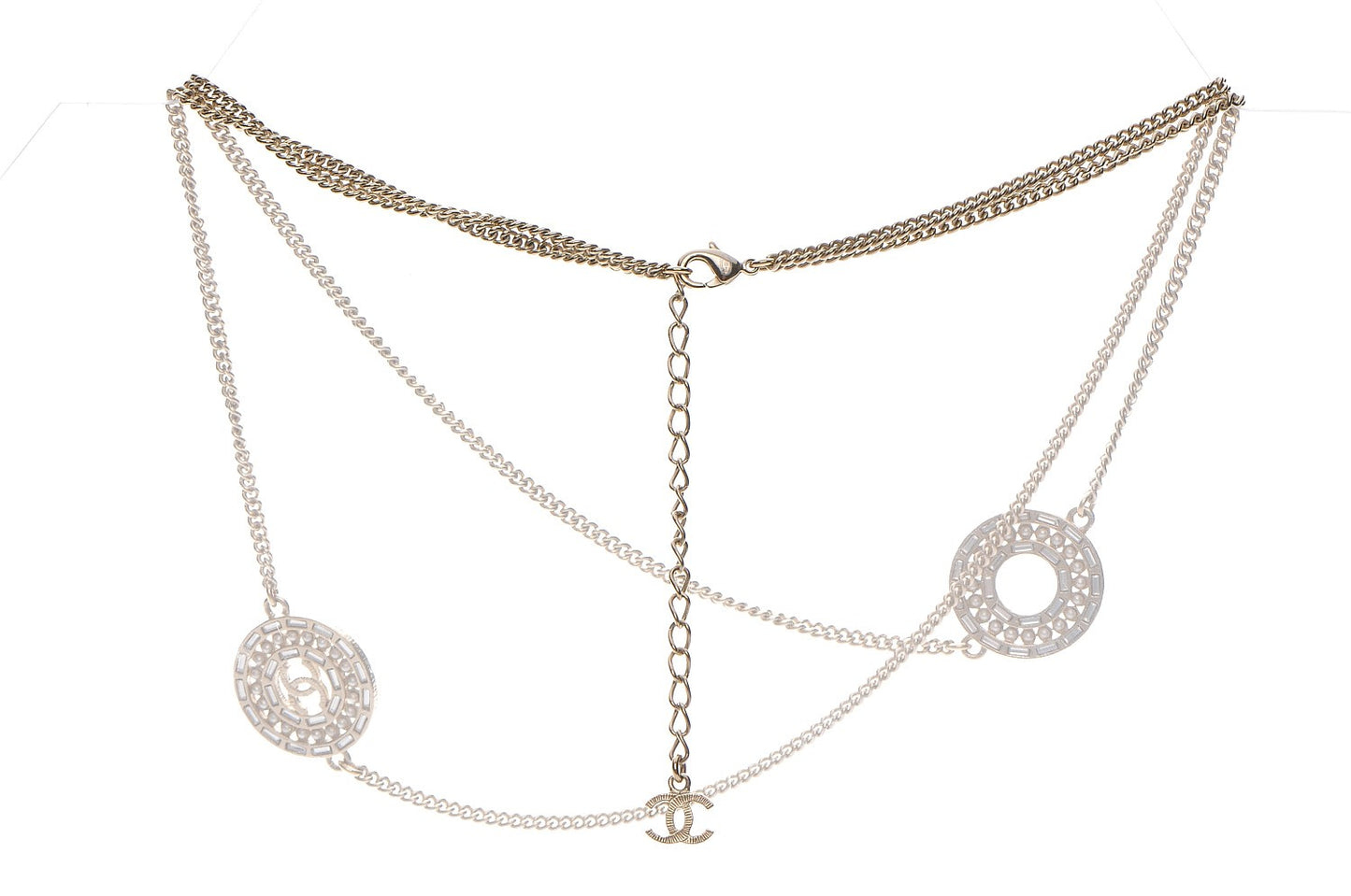 Crystal Baguette Pearl CC Chain Necklace Gold