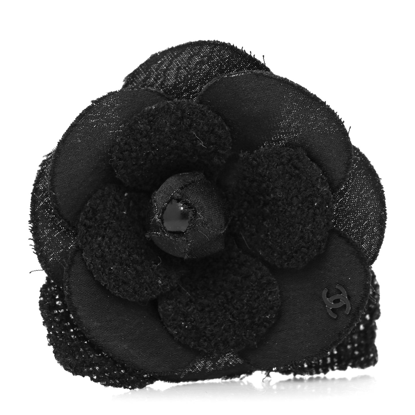 Tweed Fabric Camellia Pin Brooch Black