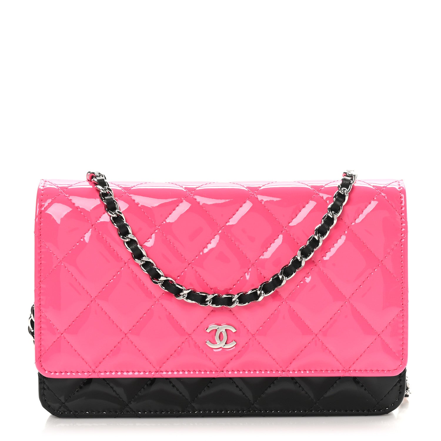 Chanel Patent Quilted Bi-Color Wallet On Chain WOC Pink Black 1 of 12