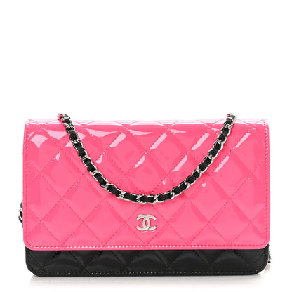 Chanel Patent Quilted Bi-Color Wallet On Chain WOC Pink Black 1 of 12