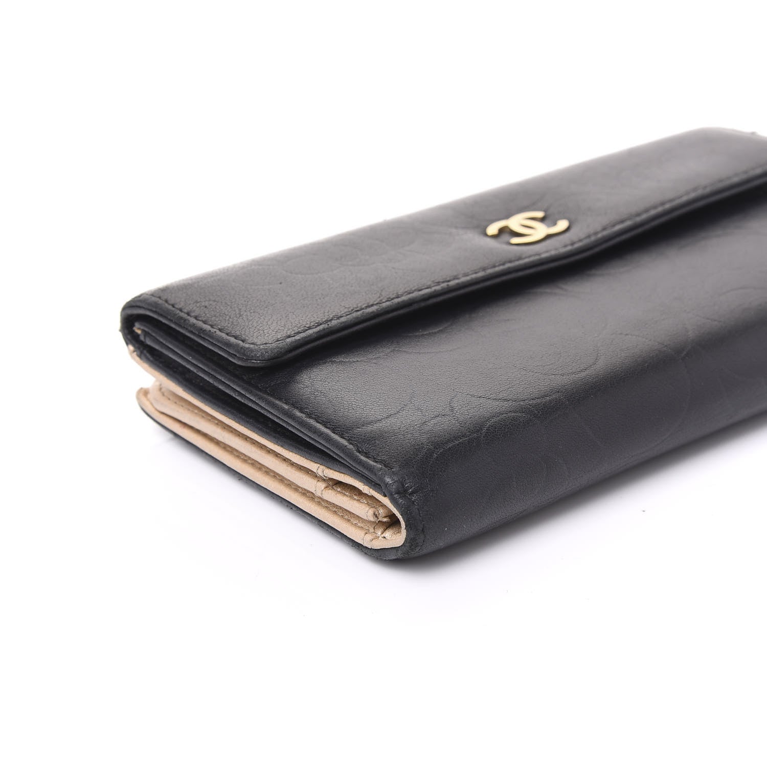 Chanel Lambskin Camellia Embossed Long Double Wallet Black 5 of 9