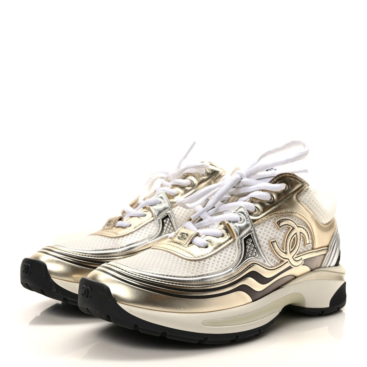 Fabric Laminated Calfskin Stretch CC Womens Sneakers 38.5 White Gold Silver