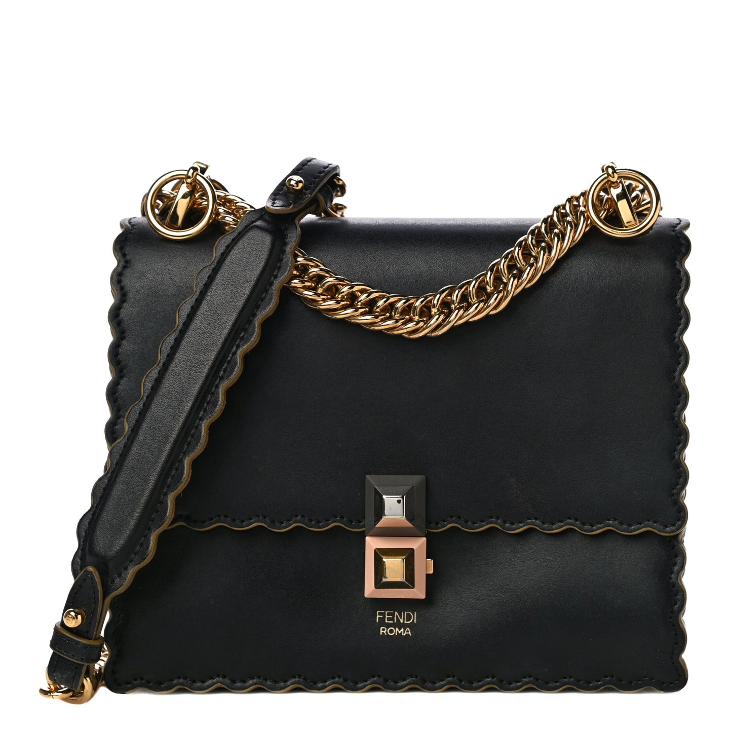 Vitello Liberty Scalloped Studded Small Kan I Shoulder Bag Black