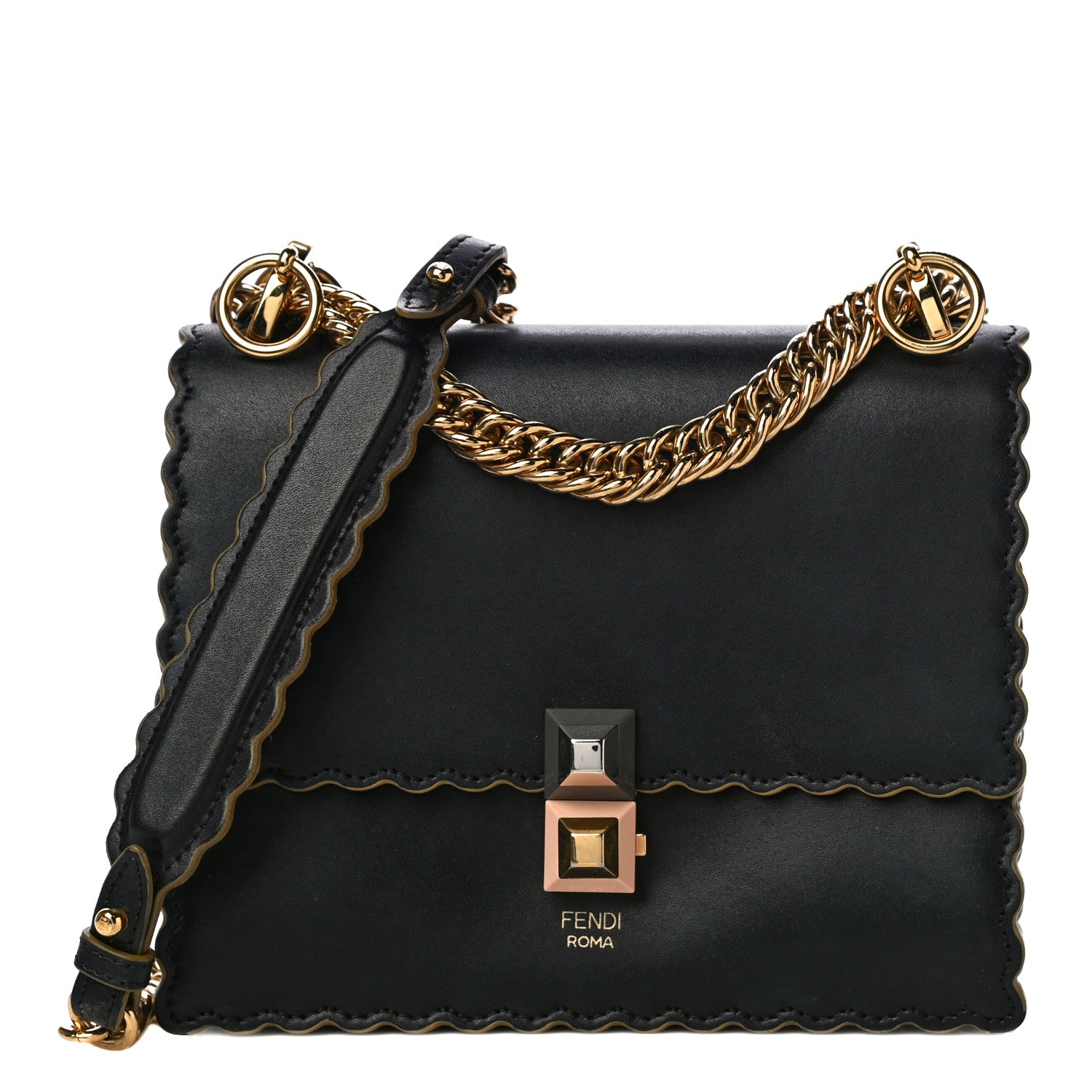 Fendi Vitello Liberty Scalloped Studded Small Kan I Shoulder Bag Black 1 of 12