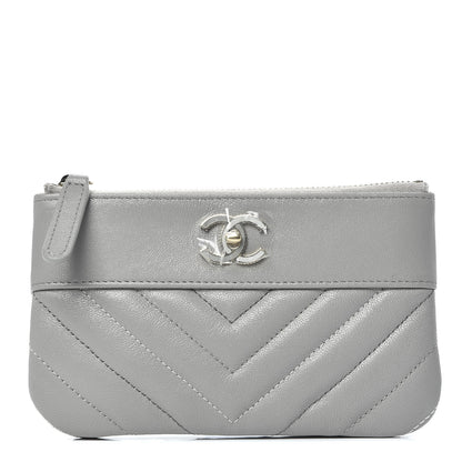 Chanel Sheepskin Chevron Quilted Small Vintage Mademoiselle Cosmetic Case Grey 1 of 9