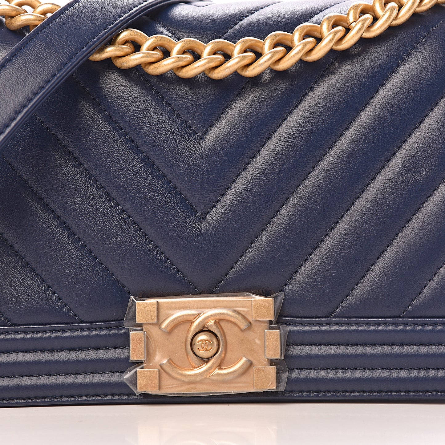 Calfskin Chevron Medium Boy Flap Dark Navy Blue