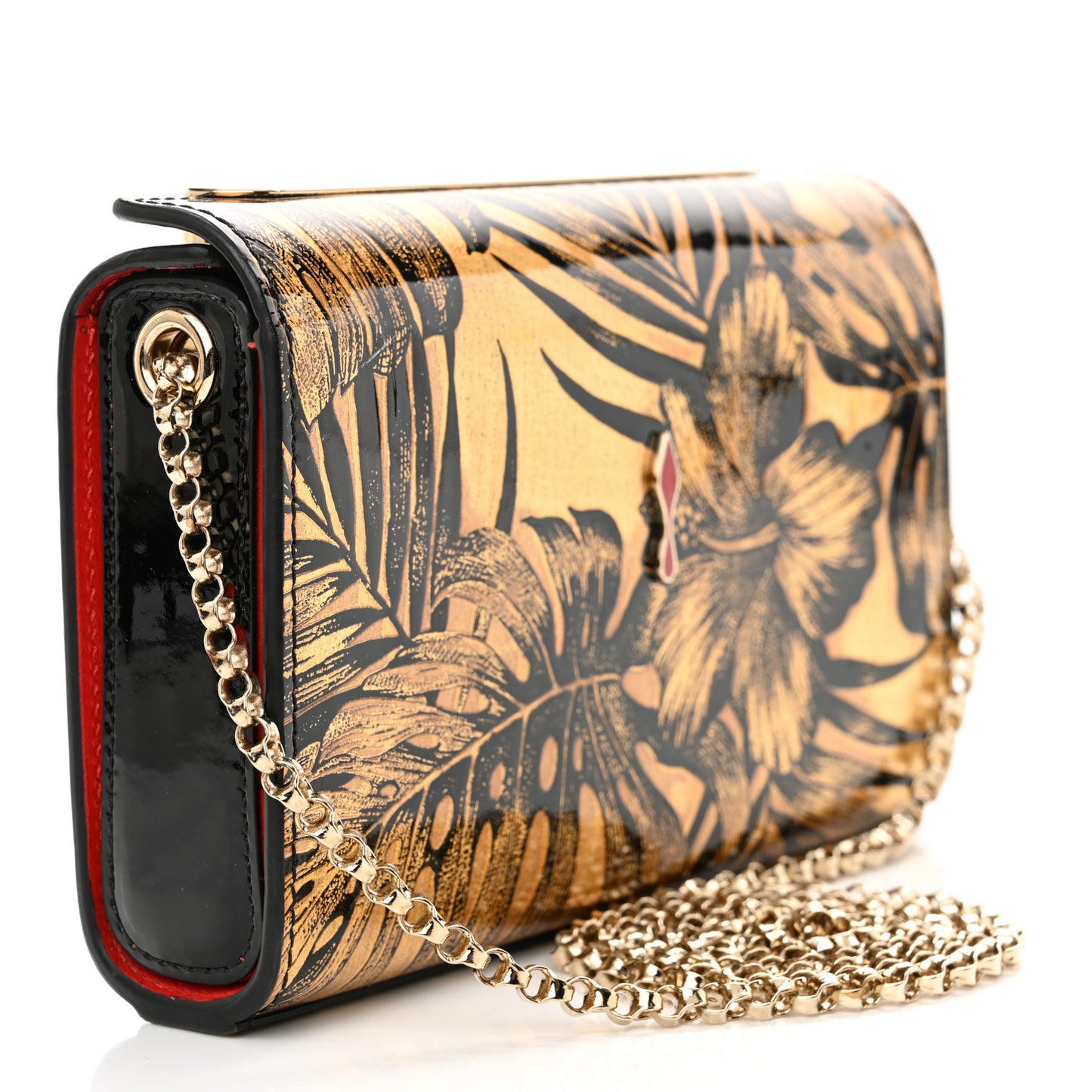 Patent Lame Hibiscus Crossbody Clutch Black Gold