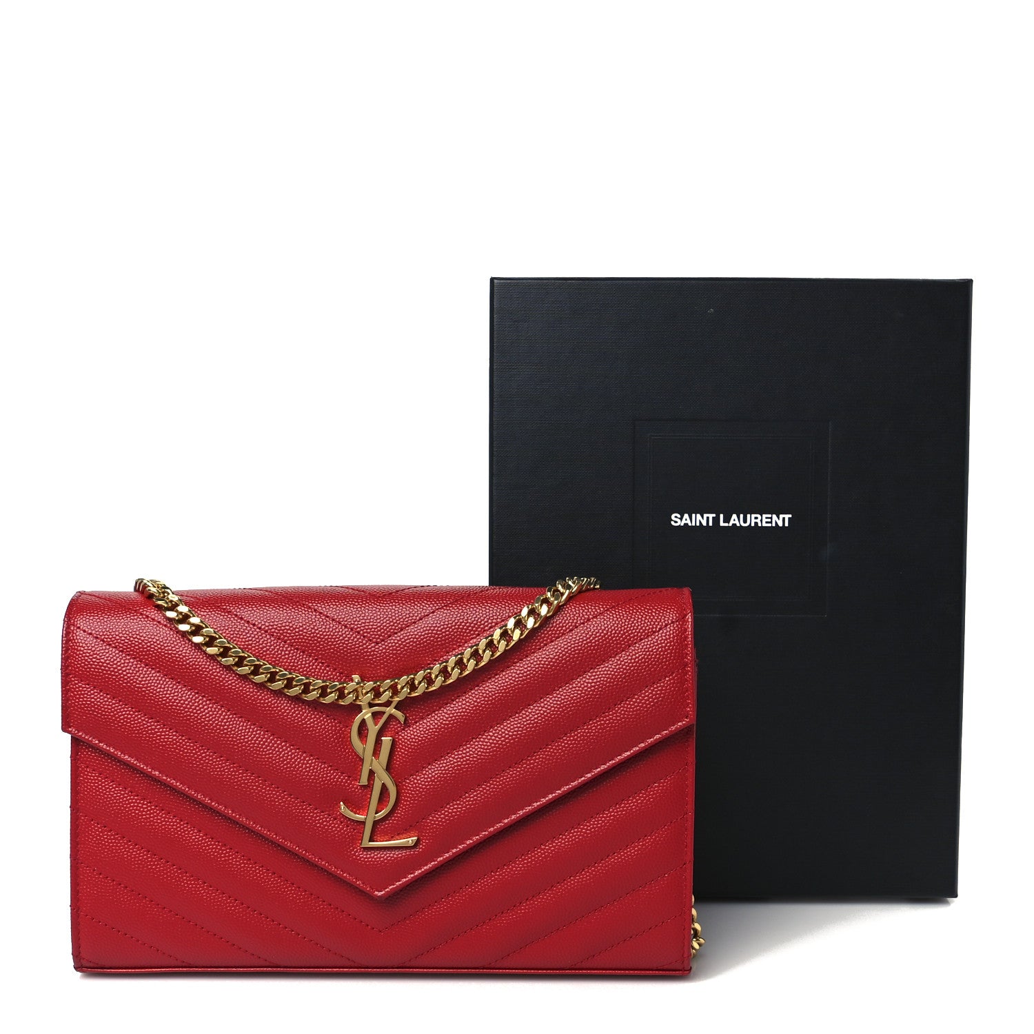 Saint Laurent Grain De Poudre Matelasse Chevron Monogram Chain Wallet Rouge Eros 10 of 10