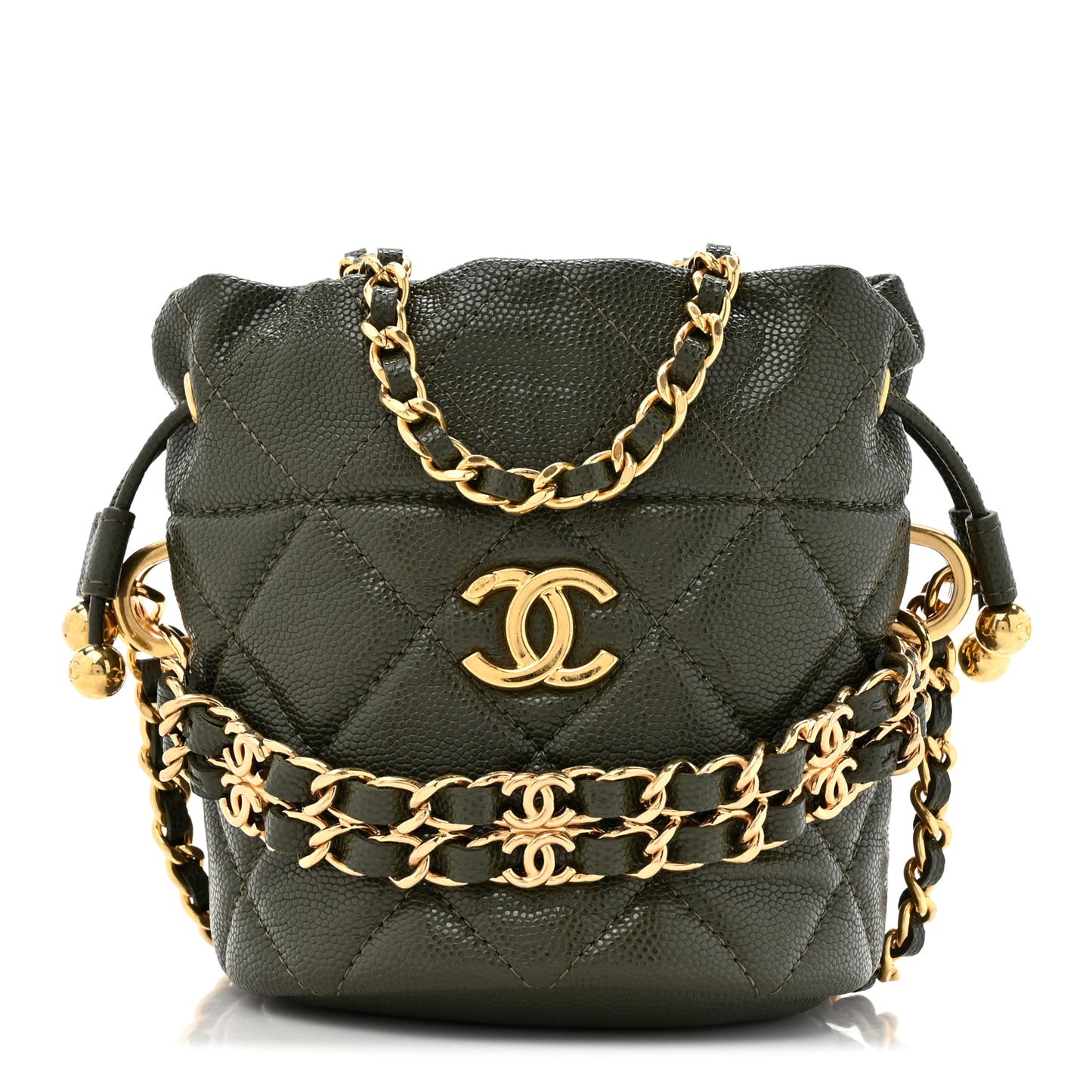Caviar Quilted Coco First Bucket Clutch With Chain Khaki