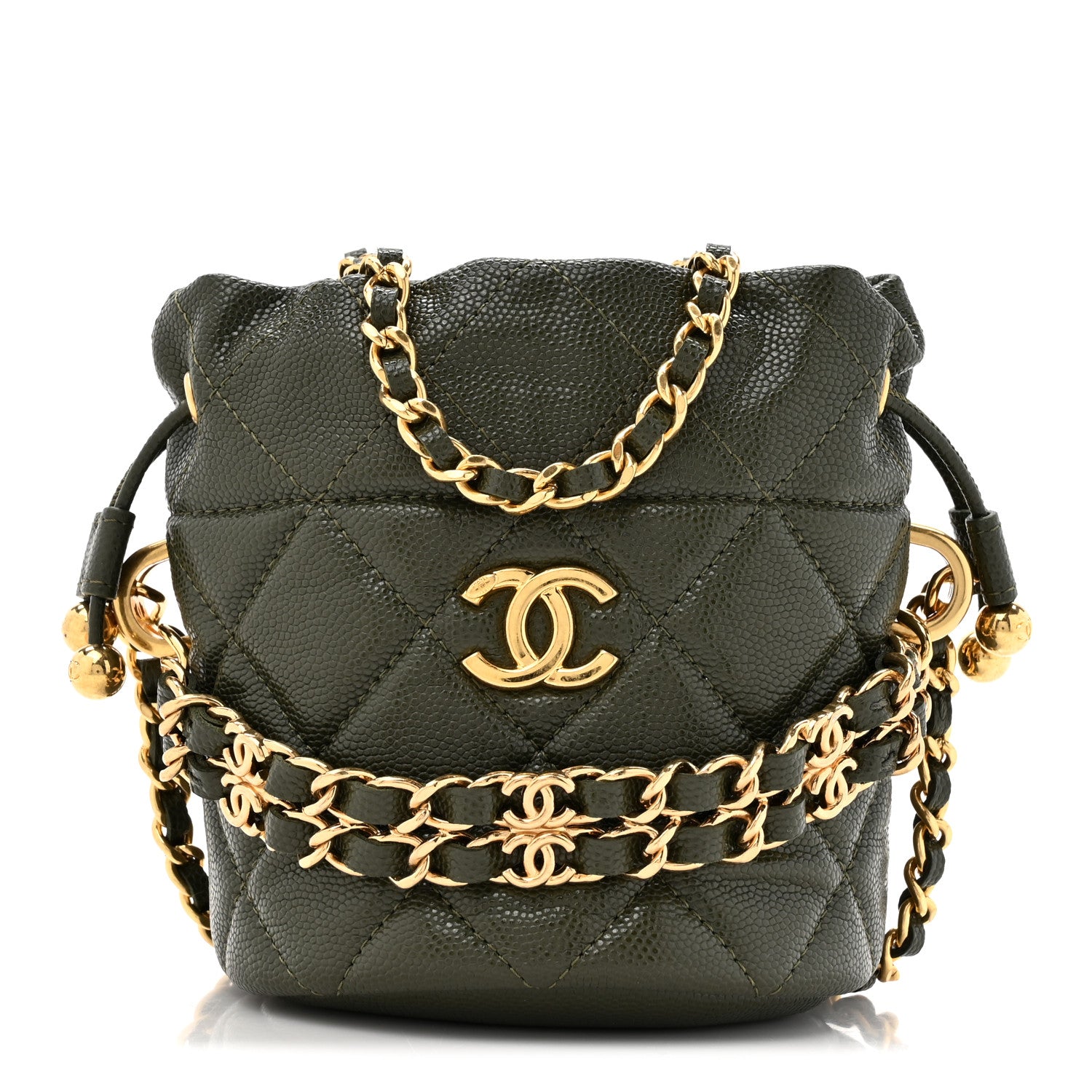 Chanel Caviar Quilted Coco First Bucket Clutch With Chain Khaki 1 of 11