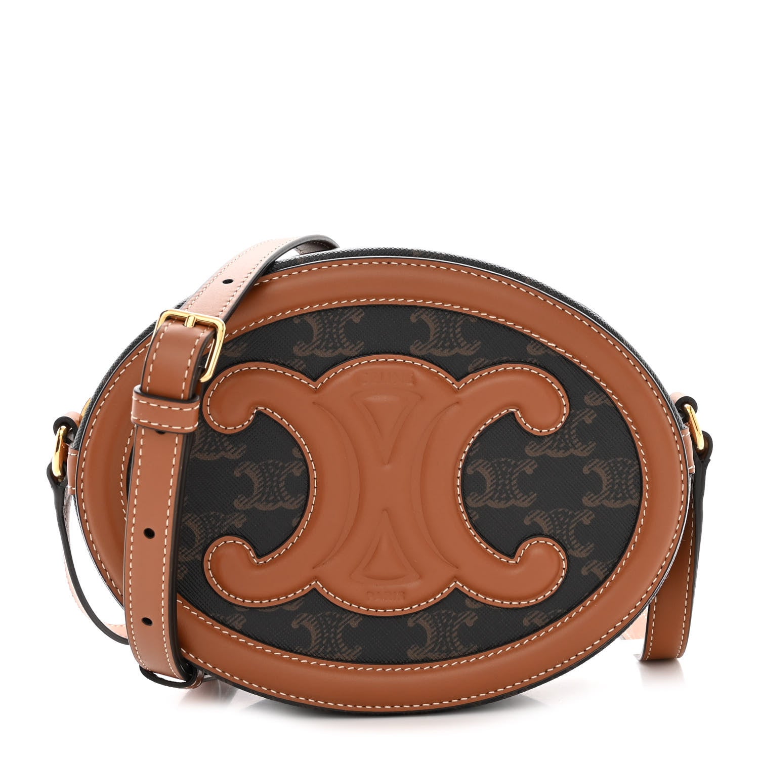 Celine Canvas Calfskin Cuir Triomphe Oval Purse Crossbody Tan 1 of 10