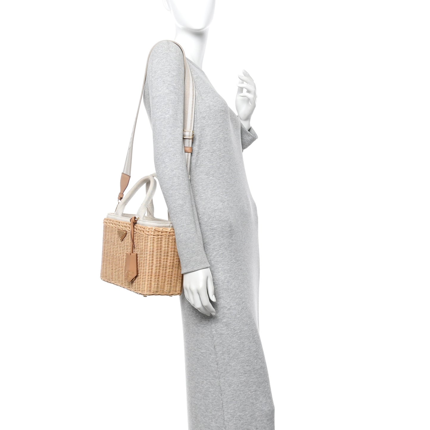 Canvas Wicker Shoulder Bag White