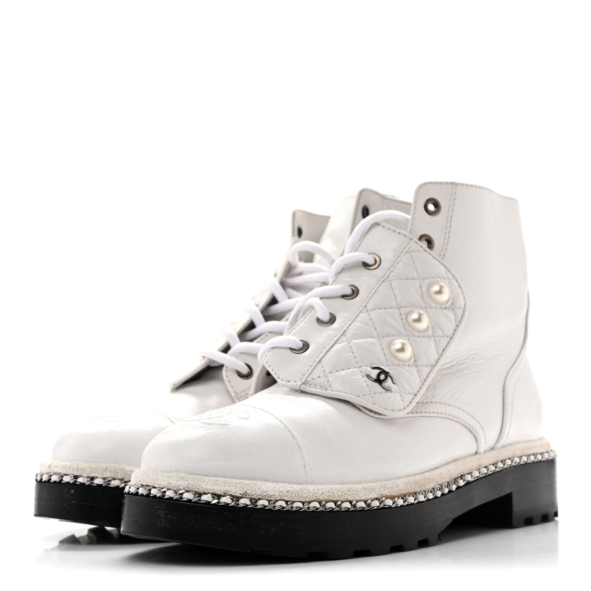 Chanel Crackled Calfskin Pearl Chain CC Combat Short Boots 38.5 White 4 of 11