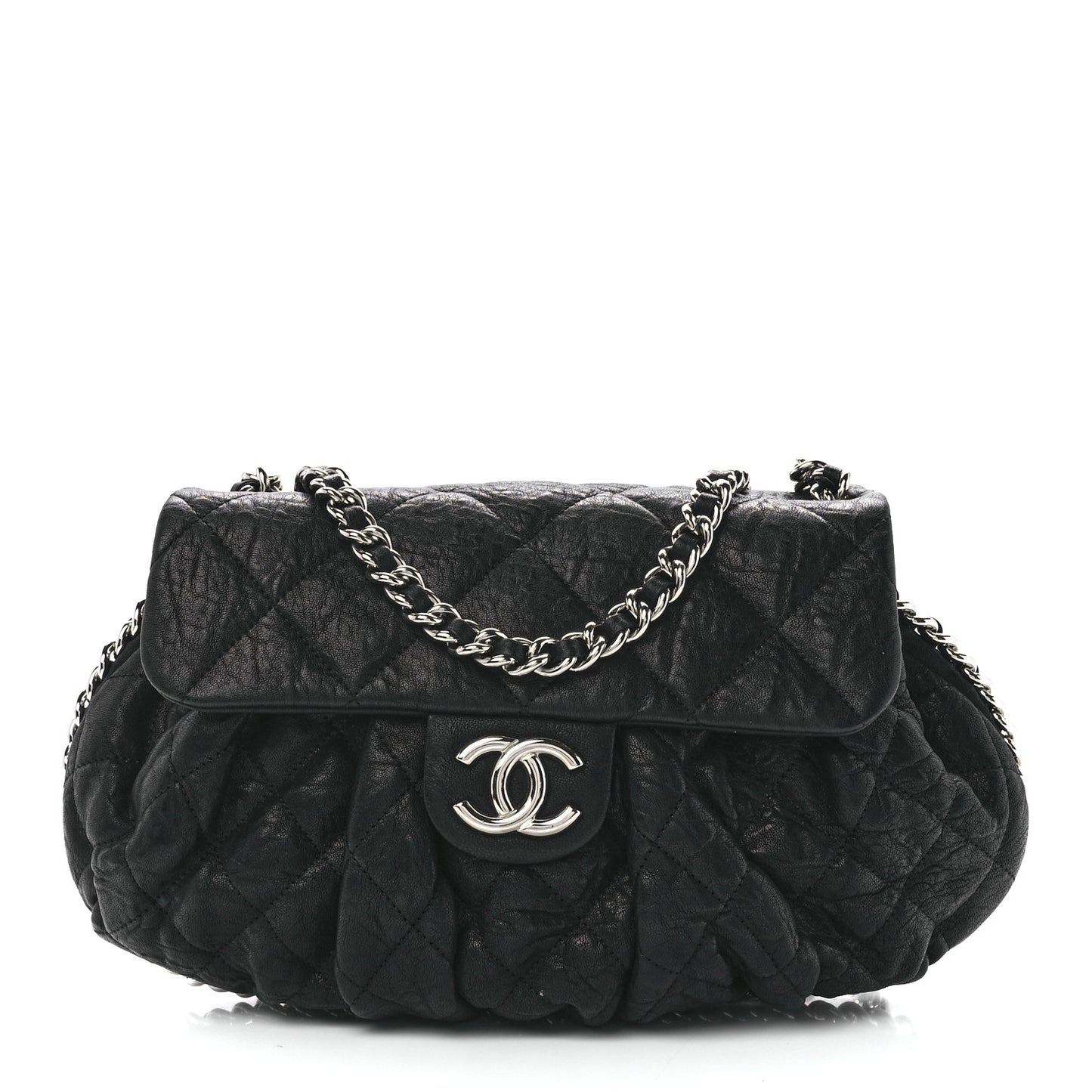 Washed Lambskin Quilted Medium Chain Around Messenger Black