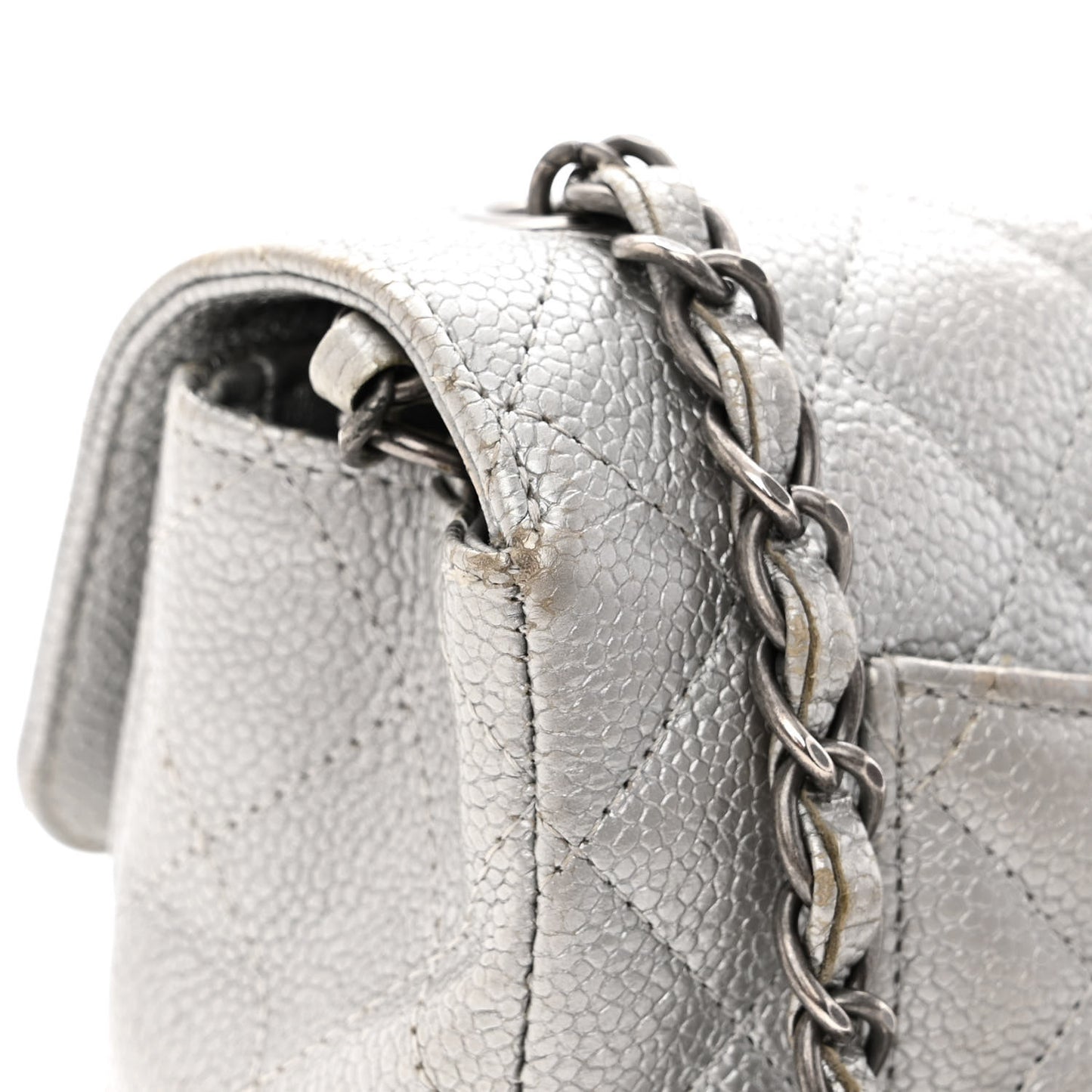 Metallic Caviar Quilted Mini Rectangular Flap Silver