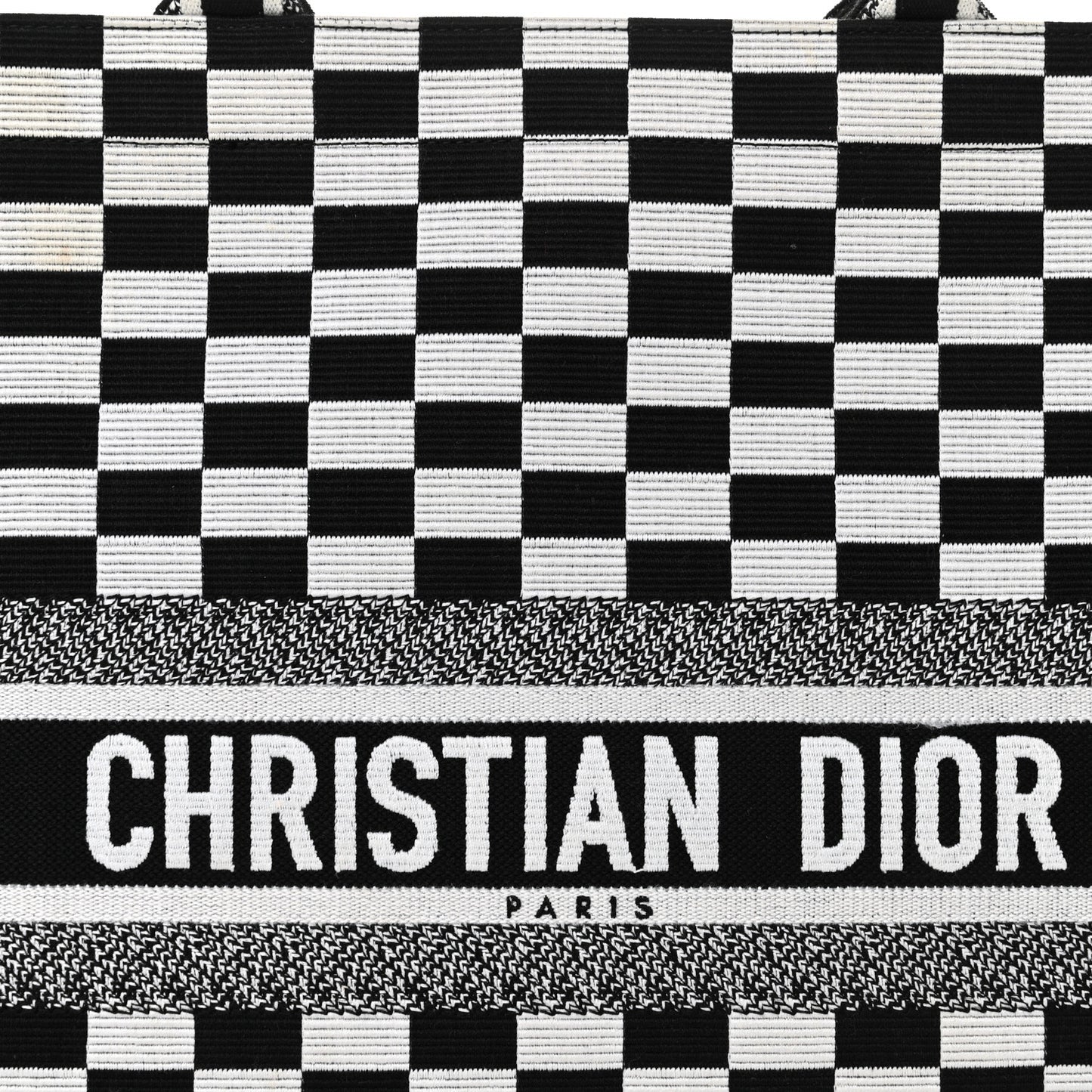 Canvas Embroidered Checkered Book Tote Black White
