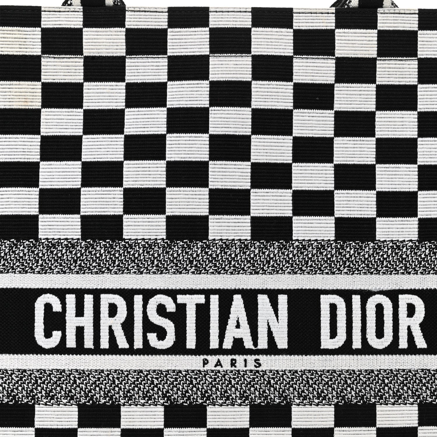 Christian Dior Canvas Embroidered Checkered Book Tote Black White 8 of 13