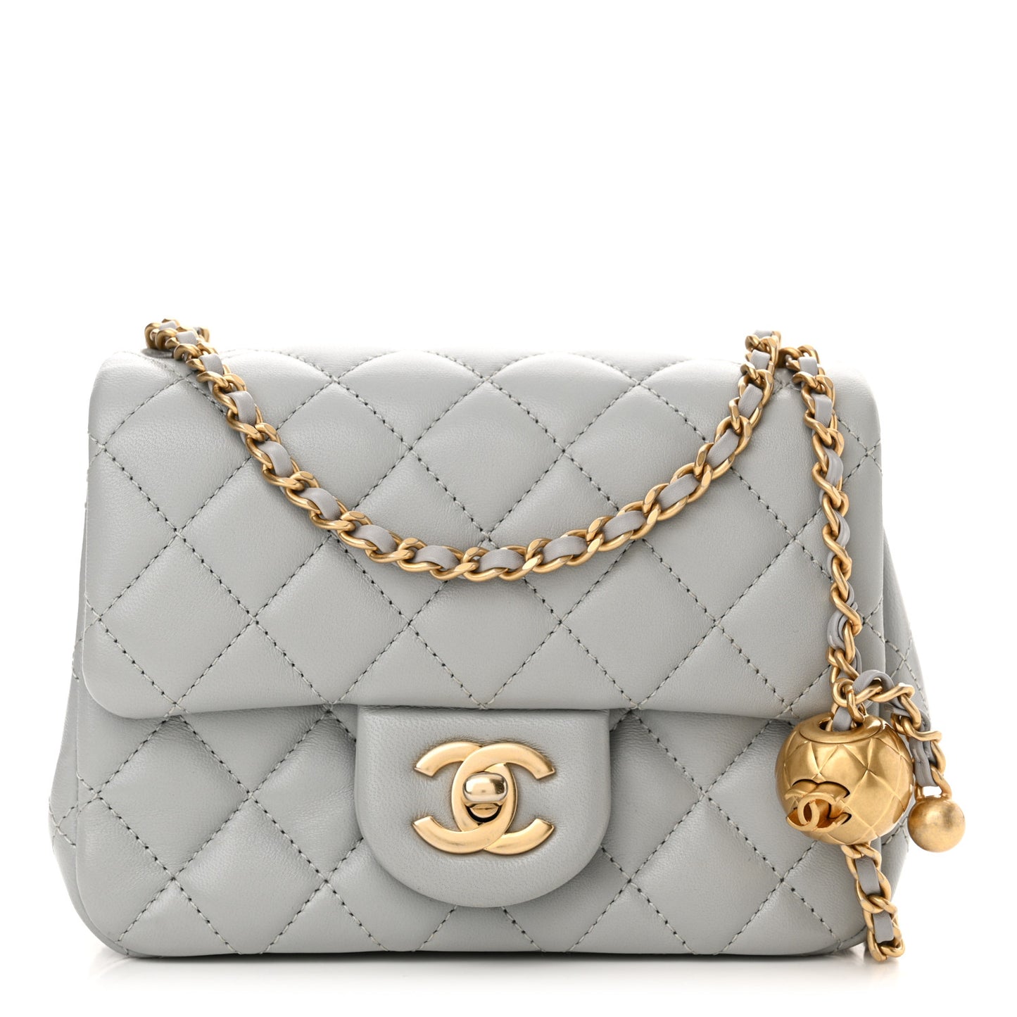 Lambskin Quilted Mini Pearl Crush Flap Light Grey