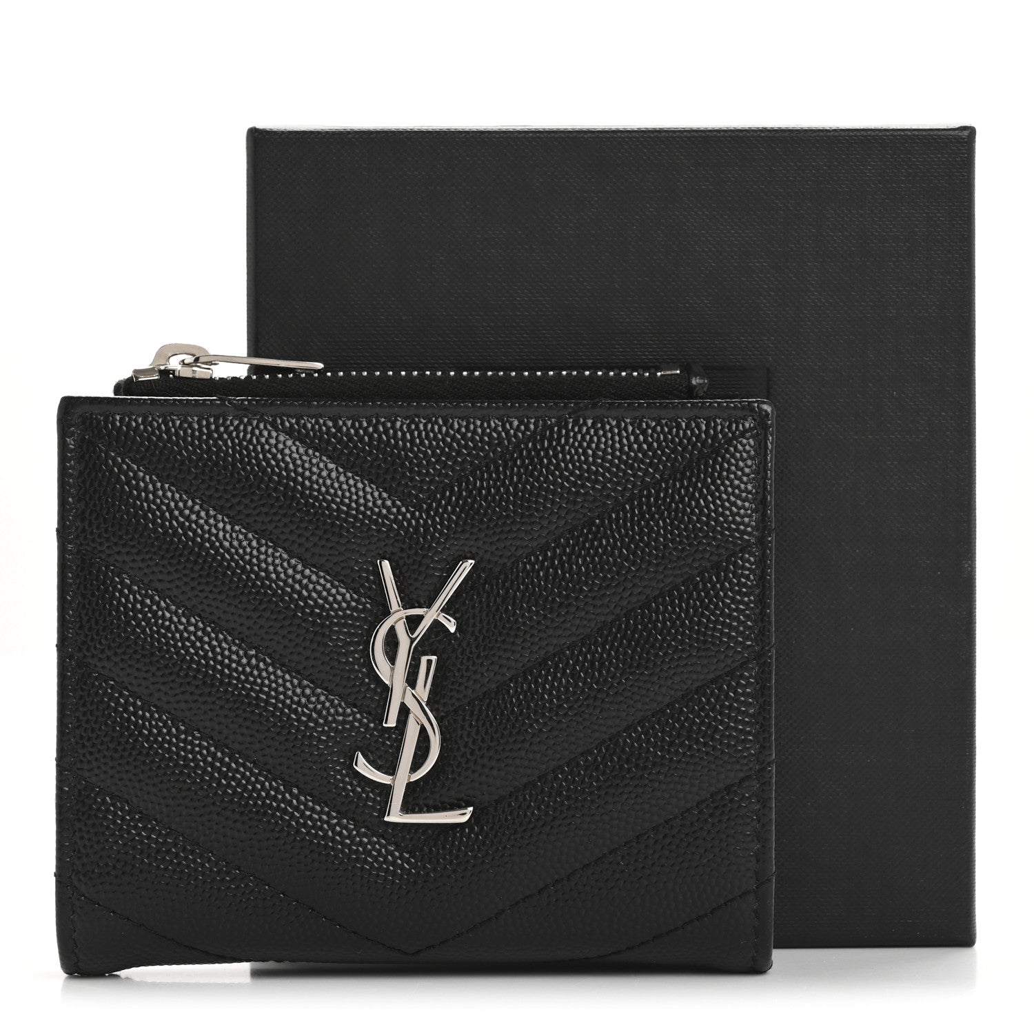 Saint Laurent Grain De Poudre Matelasse Chevron Monogram Zipped Card Case Black 10 of 10