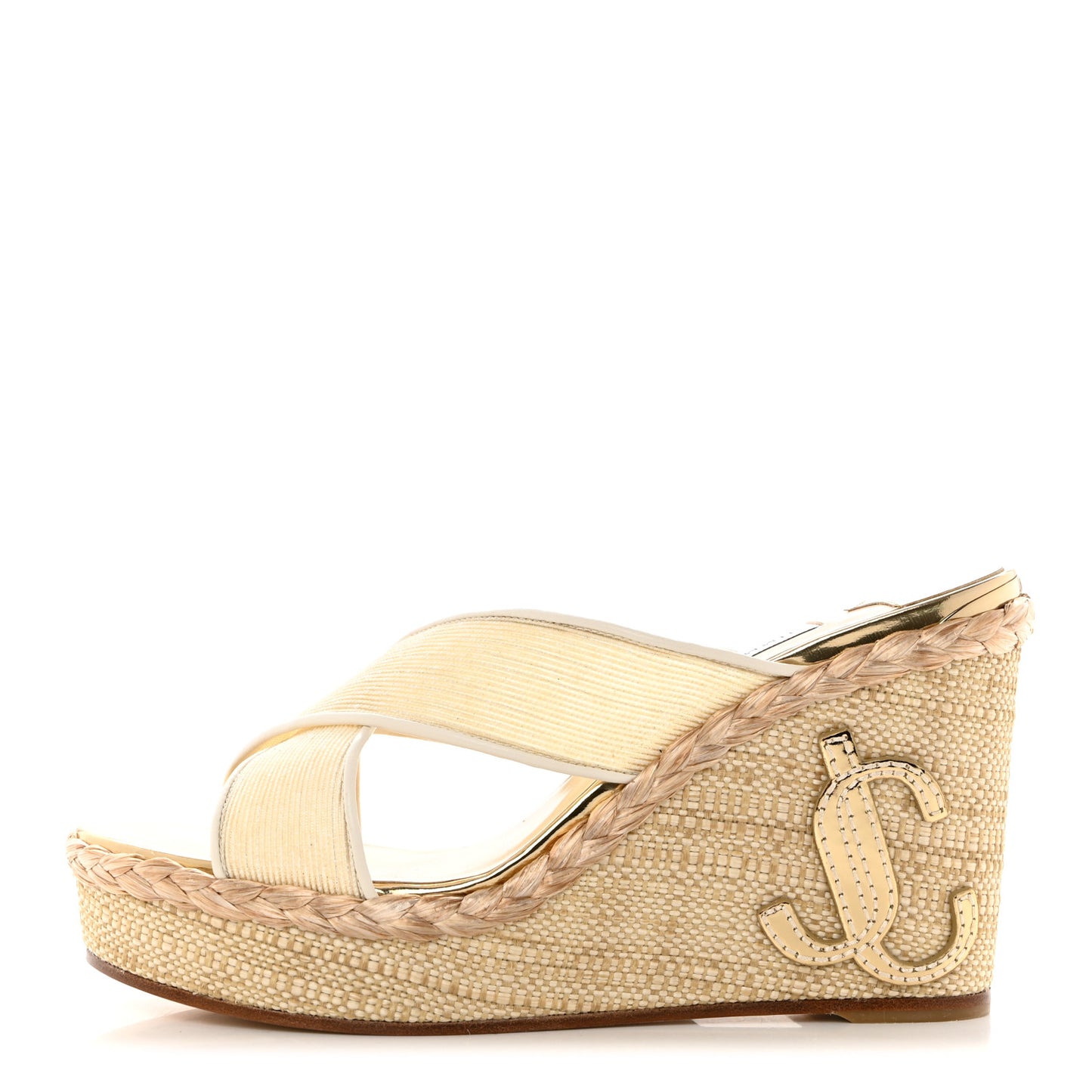 Metallic Mesh Raffia Dovina 100 Wedge Sandals 38.5 Latte Gold