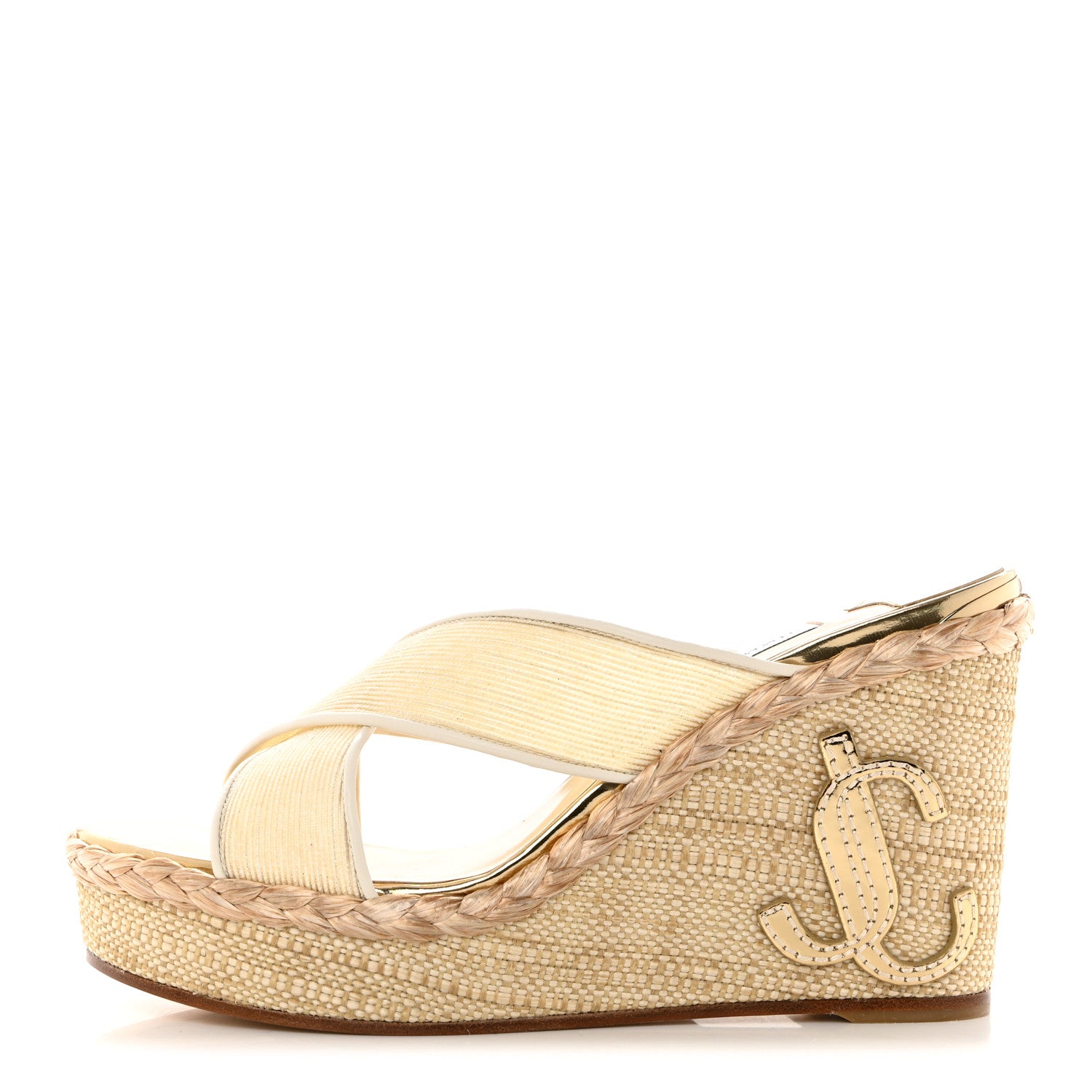 Jimmy Choo Metallic Mesh Raffia Dovina 100 Wedge Sandals 38.5 Latte Gold 1 of 8