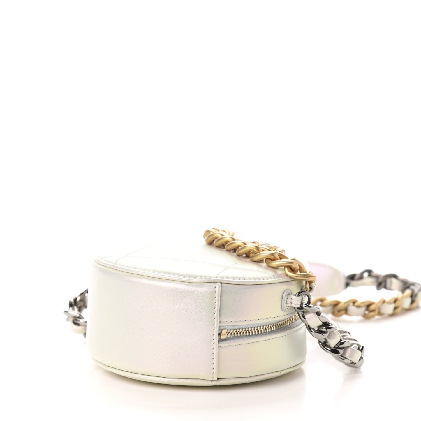Iridescent Calfskin Quilted 19 Round Clutch With Chain White