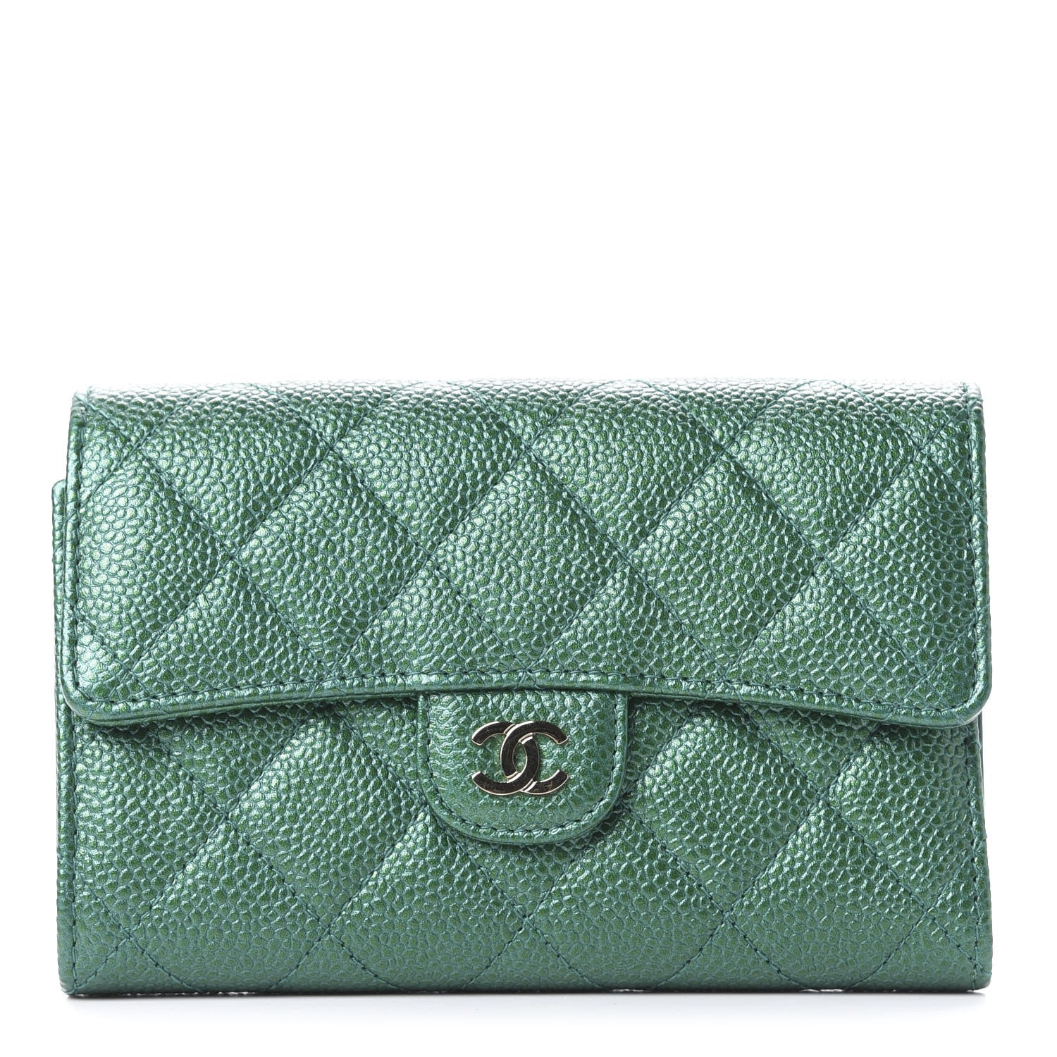 Chanel Metallic Caviar Quilted Medium Flap Wallet Green 1 of 10