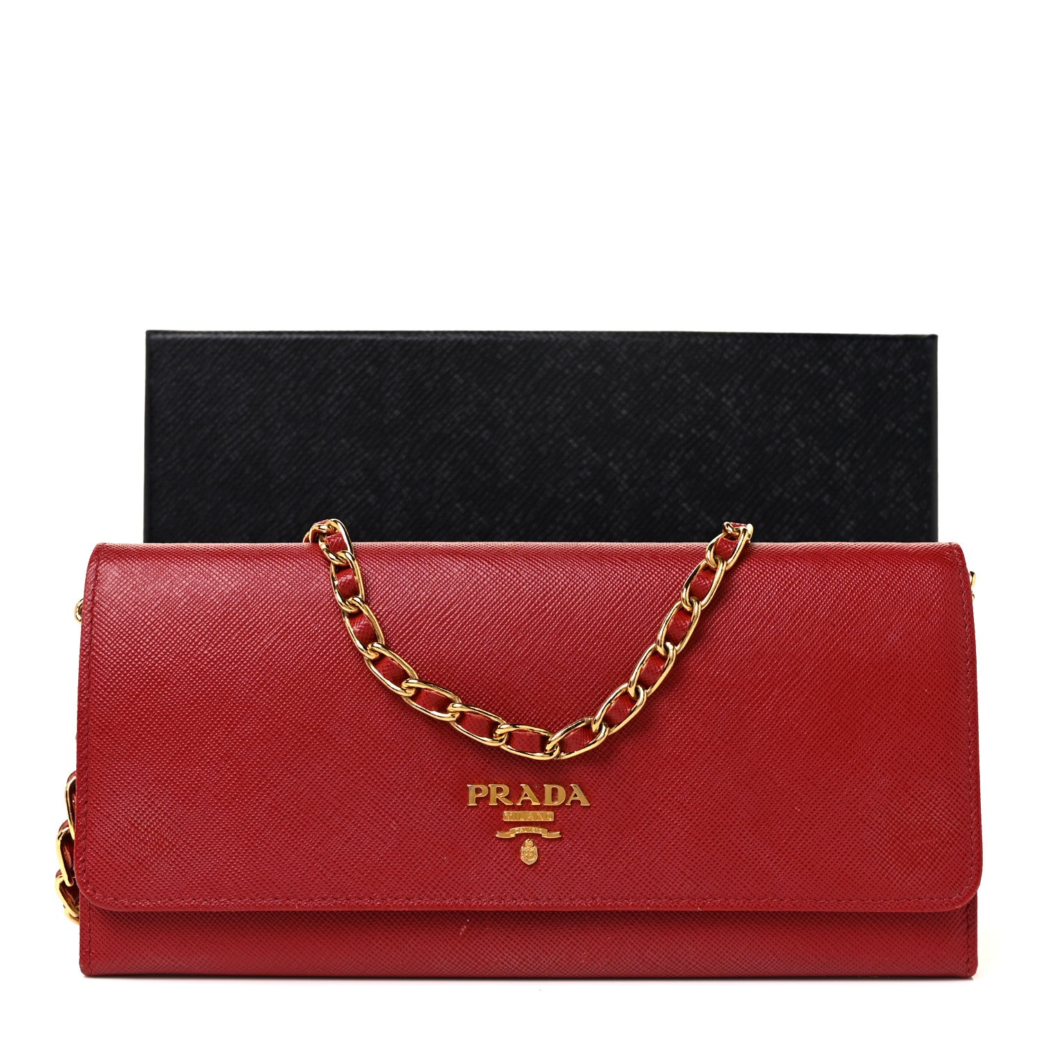 Prada Saffiano Metal Oro Chain Wallet Fuoco 10 of 10