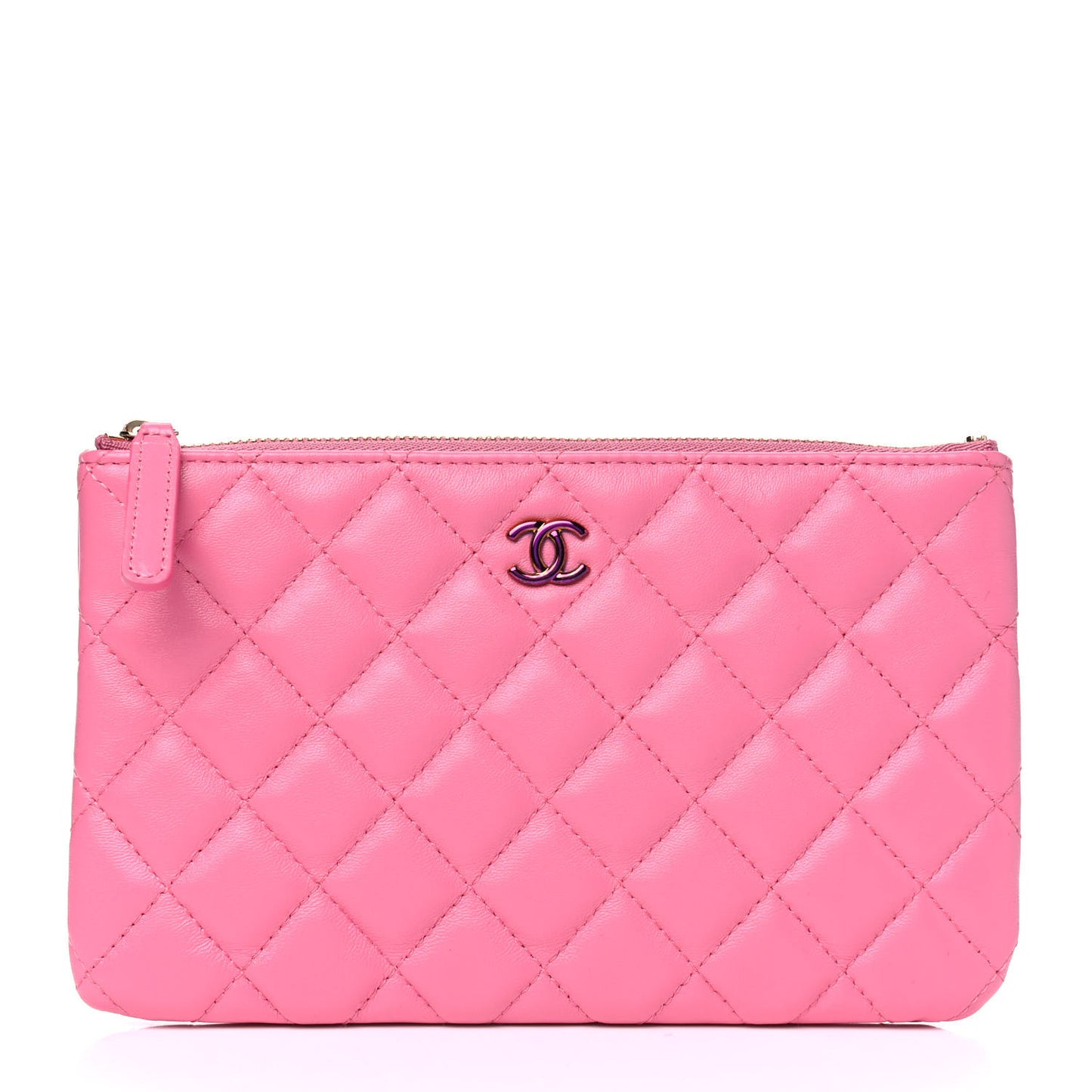 Lambskin Quilted Zipped Pouch Pink Yellow