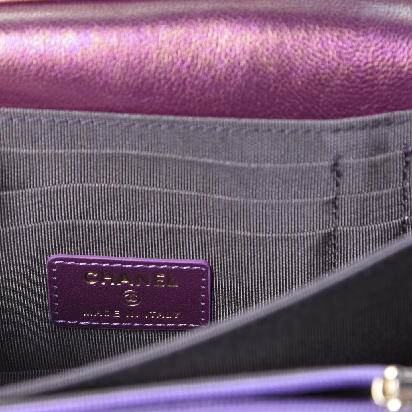 Iridescent Lambskin Quilted Mini Wallet On Chain WOC Purple