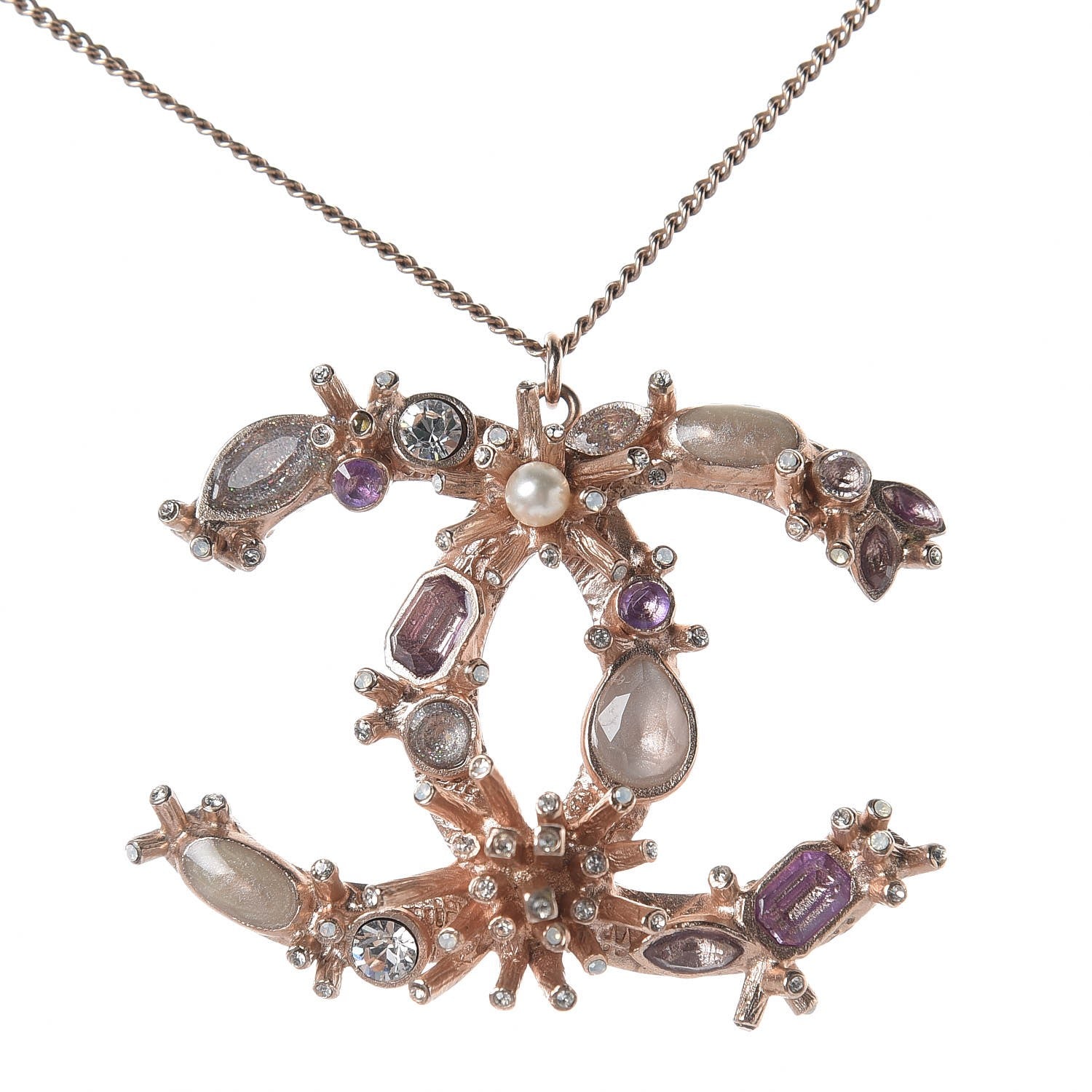 Chanel Resin Crystal CC Drop Necklace Rose Gold Violet 5 of 7