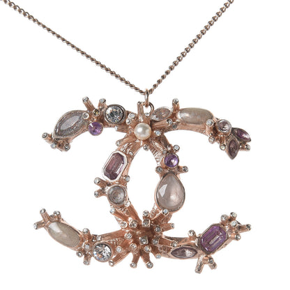 Chanel Resin Crystal CC Drop Necklace Rose Gold Violet 5 of 7