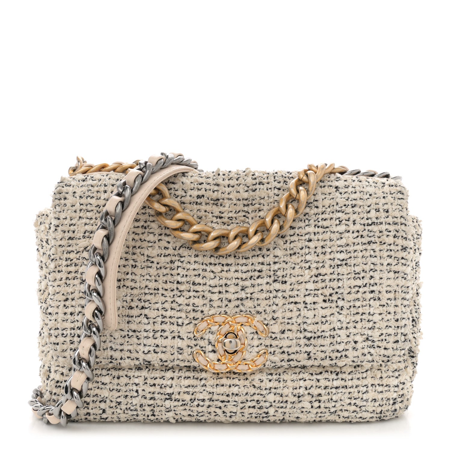 Chanel Tweed Quilted Medium Chanel 19 Flap Ecru Black 1 of 13