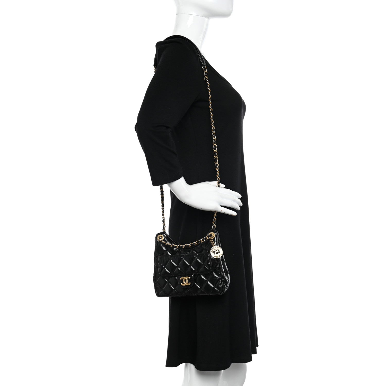 Chanel Shiny Crumpled Calfskin Quilted Small Wavy CC Hobo Black 2 of 11