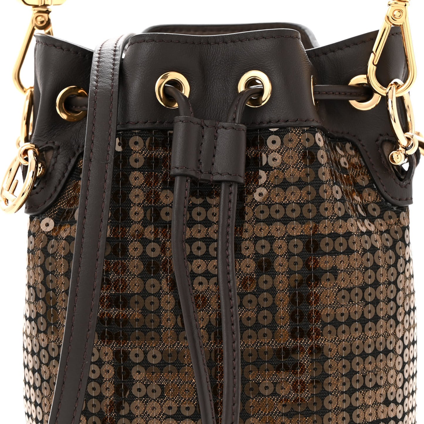 Fabric Jacquard Paillettes Vitello Seta FF 1974 Embroidered Mini Mon Tresor Bucket Bag Tobacco Moro