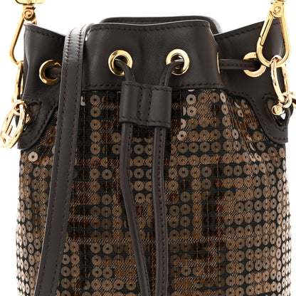 Fendi Fabric Jacquard Paillettes Vitello Seta FF 1974 Embroidered Mini Mon Tresor Bucket Bag Tobacco Moro 8 of 10