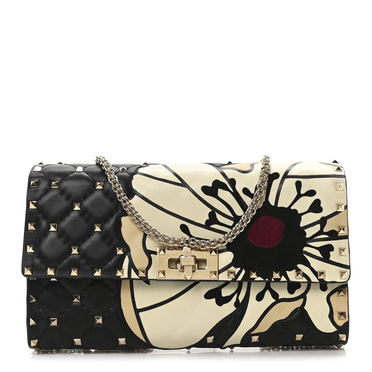 Valentino Garavani Nappa Rockstud Spike Flower Wallet on Chain Black Ivory 1 of 9