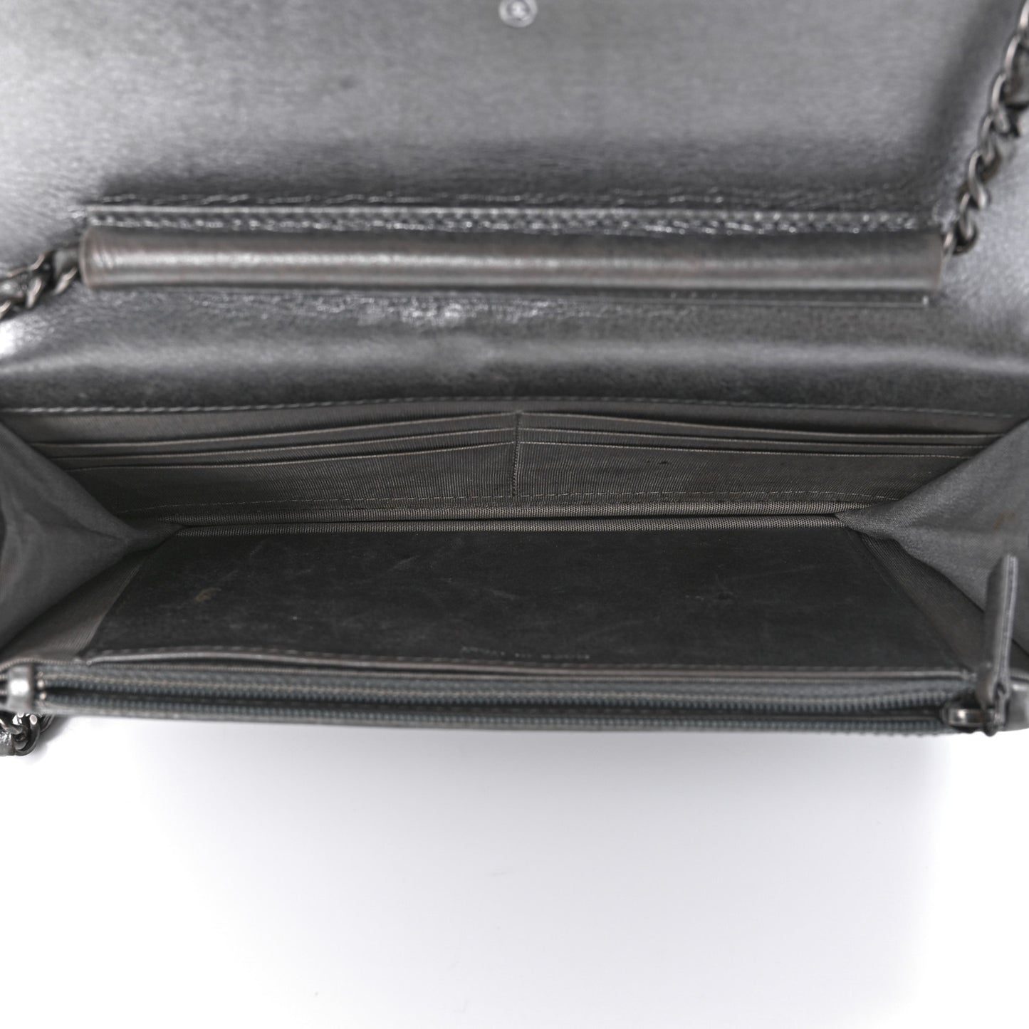 Metallic Calfskin Quilted Boy Wallet On Chain WOC Silver