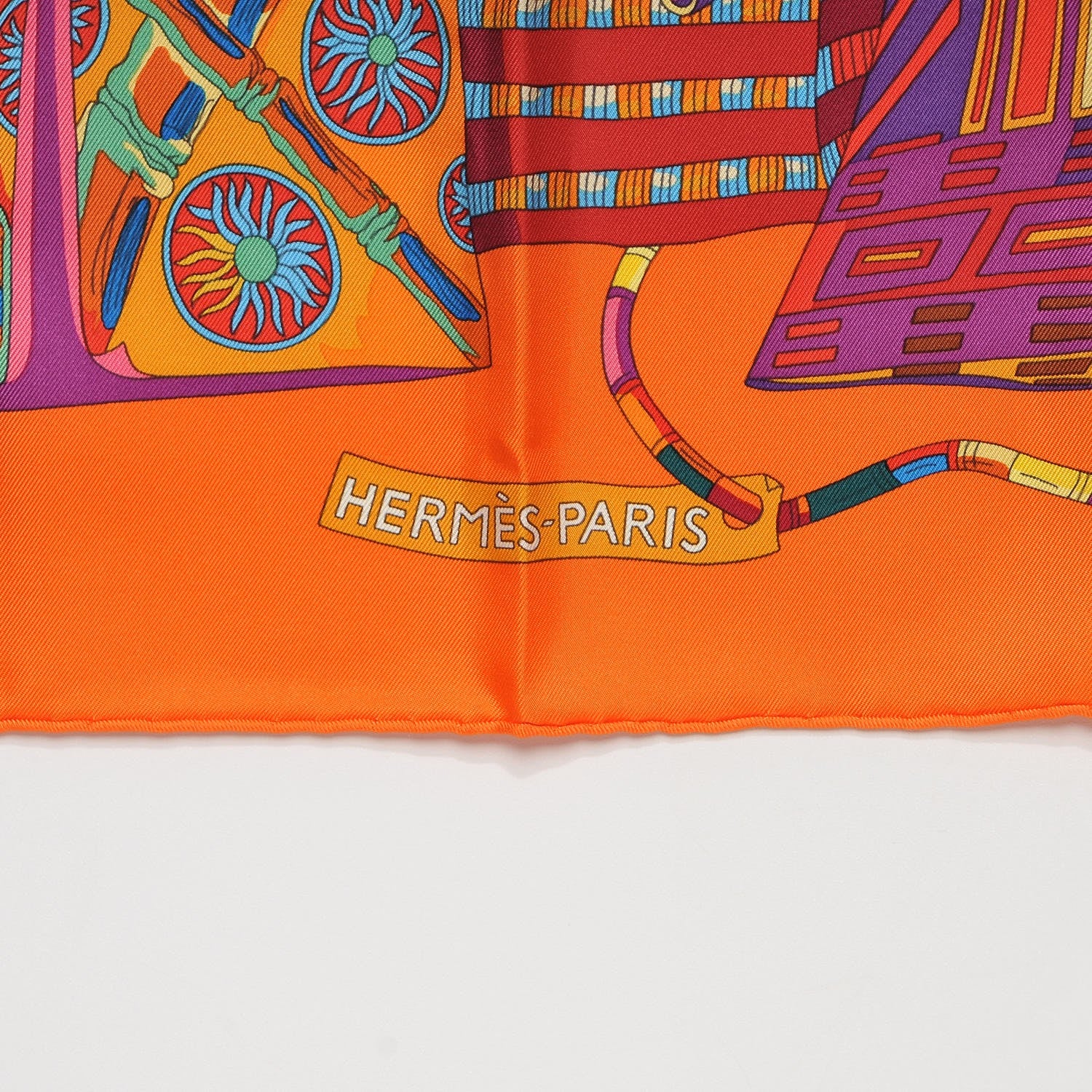 Hermes Silk Voyage En Etoffes Scarf 90 Orange Violet Jaune 3 of 7