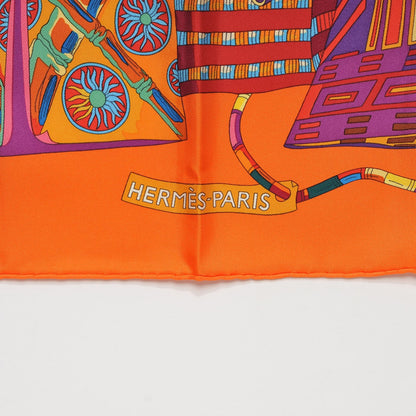 Hermes Silk Voyage En Etoffes Scarf 90 Orange Violet Jaune 3 of 7